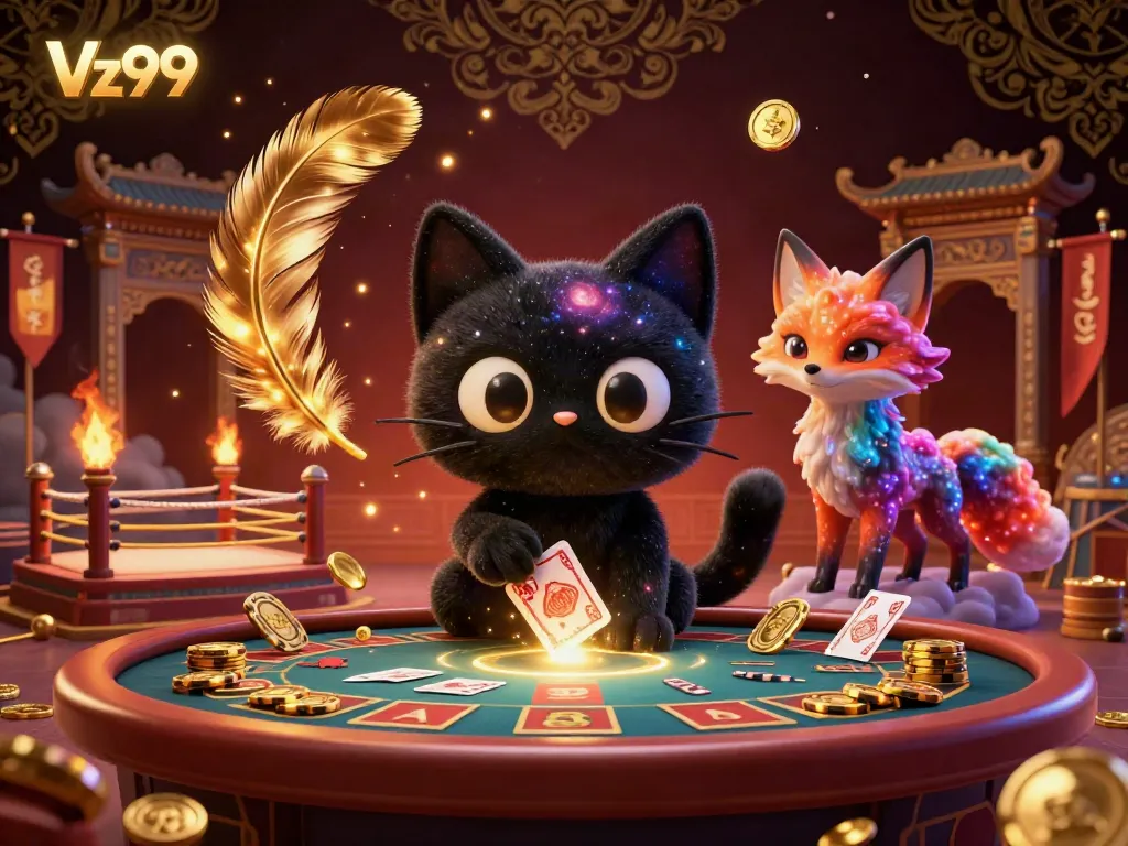 Experience Vz99's vibrant casino adventure with the black hole cat and nebula fox collecting golden chips.
