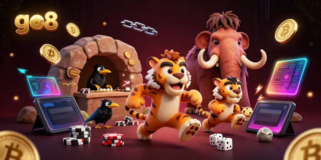 Experience the excitement of go8 in a vibrant prehistoric casino with digital currencies as the backdrop.