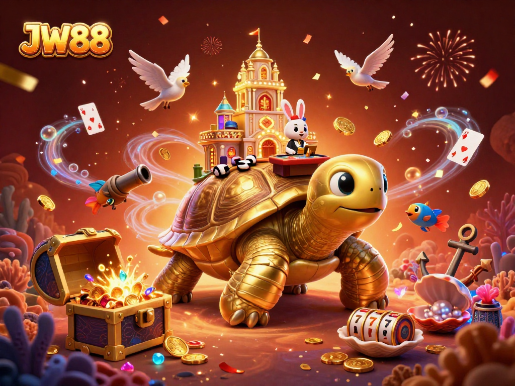 JW88 showcases a vibrant 3D illustration of a casino palace on a tortoise's shell with gold coins and winning slots.