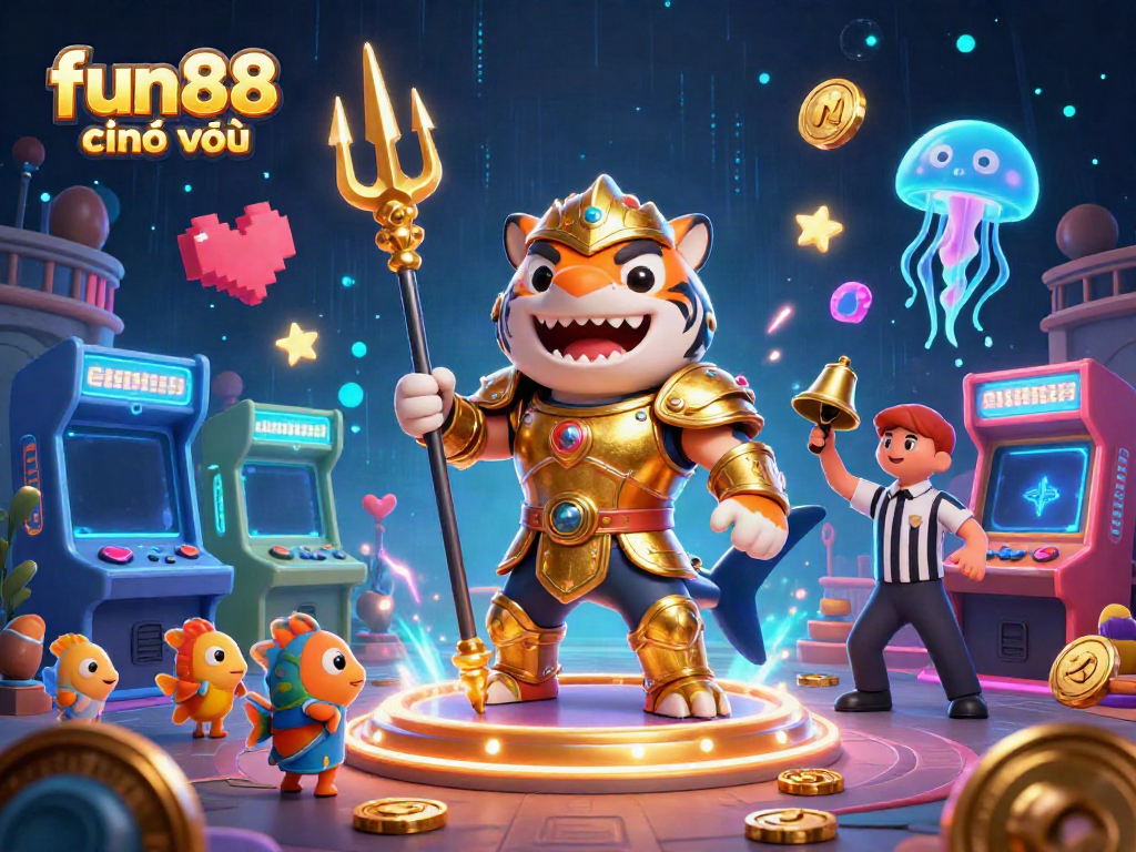 Join the fun88 chính thức adventure showcasing a gladiator tiger shark in an artistic underwater gaming scene.