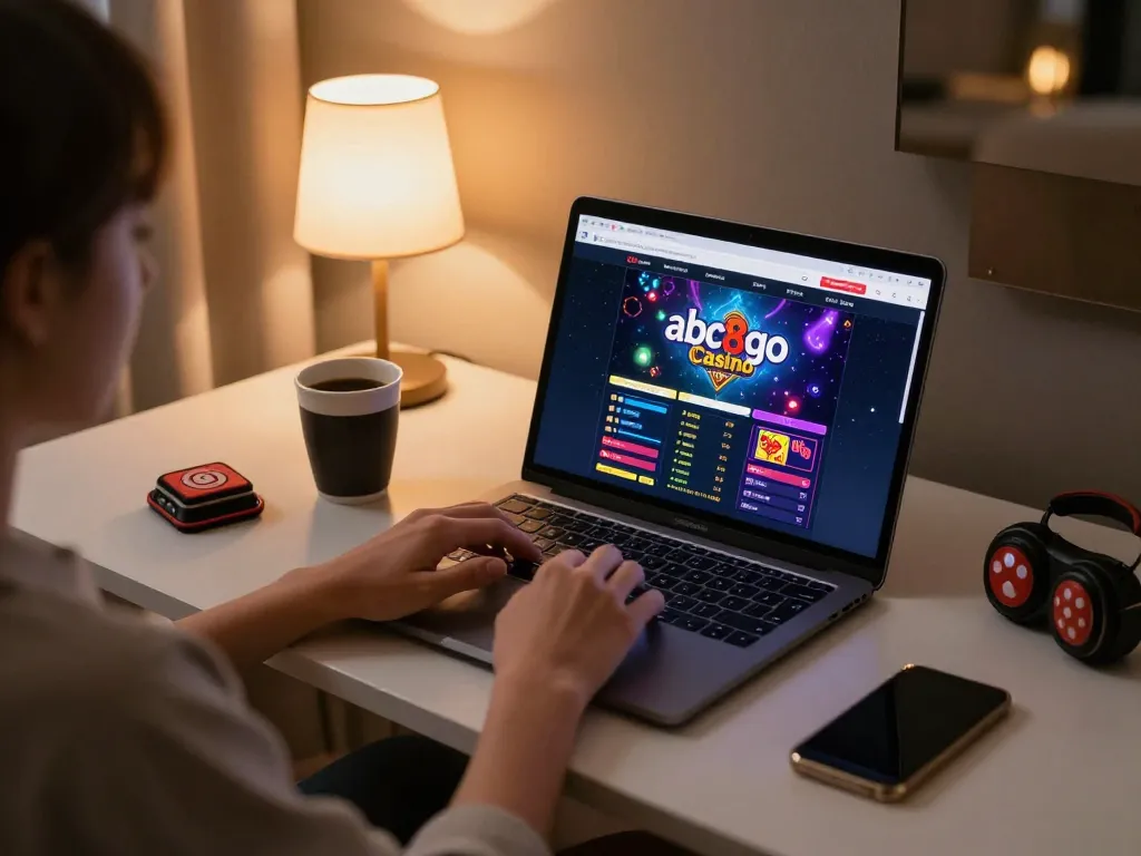 Player engaging with abc8go online casino interface on laptop in a cozy environment