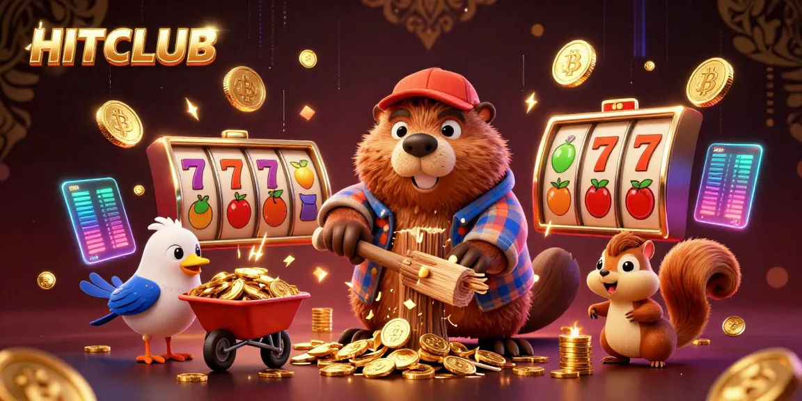 Experience HITCLUB's vibrant casino world with a dynamic scene of a beaver and friends collecting coins while surrounded by slot machines.