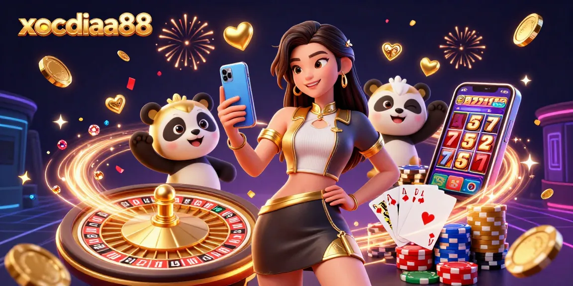 Xocdia88 offers an exciting online gaming experience featuring a dynamic illustration of a woman, golden panda, and vibrant casino elements.