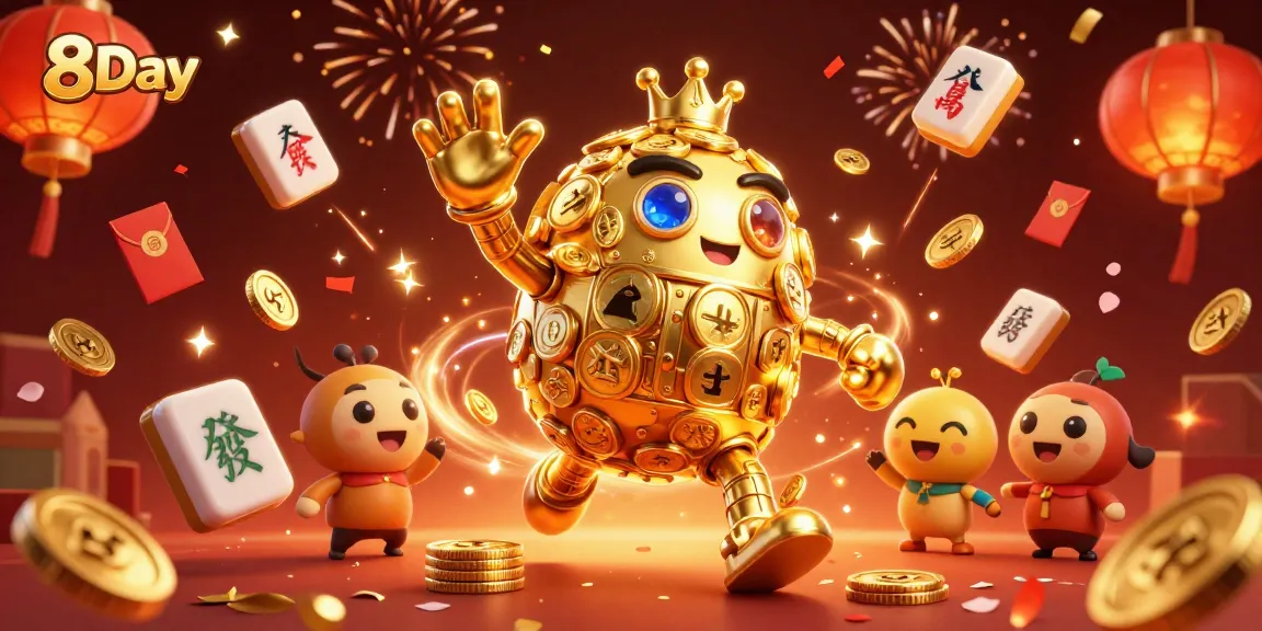 Experience thrilling games with 8Day, featuring an enchanting 3D golden golem amidst vibrant casino elements.