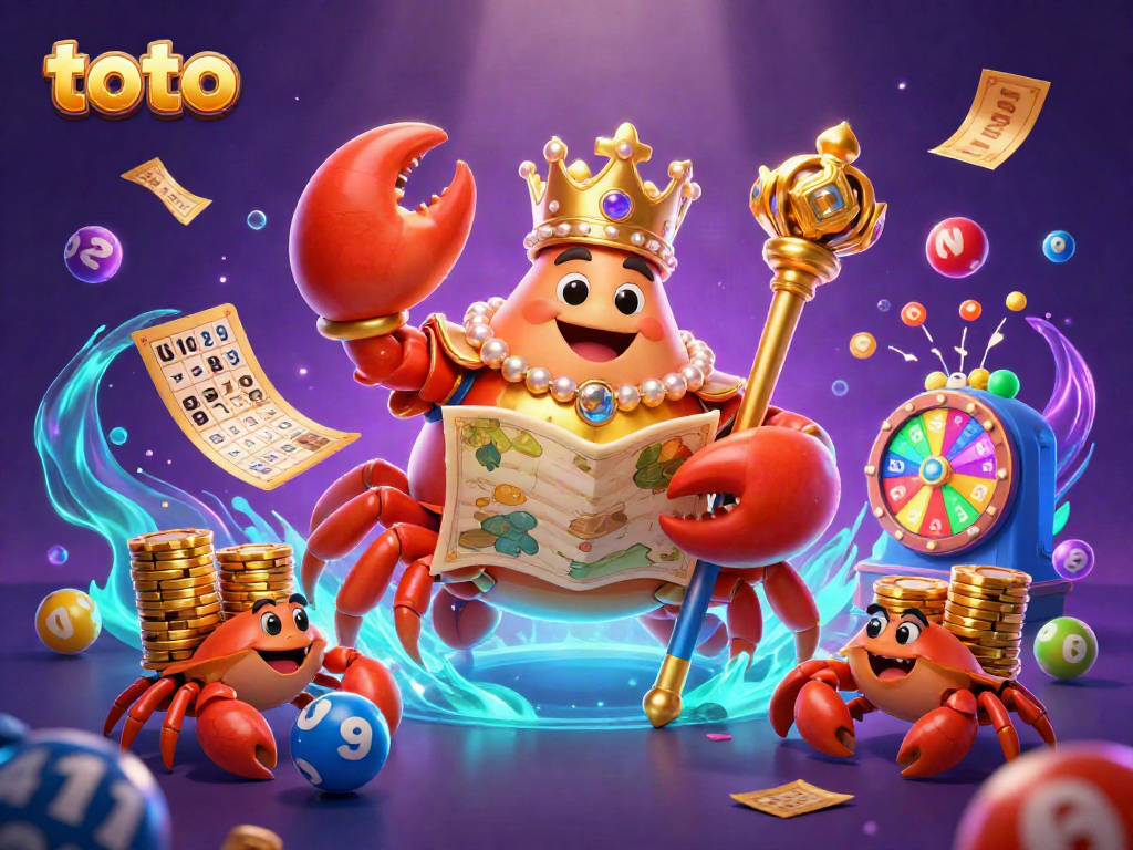 Experience thrilling lottery excitement with colorful toto balls, treasure, and a crab emperor in this vibrant illustration.
