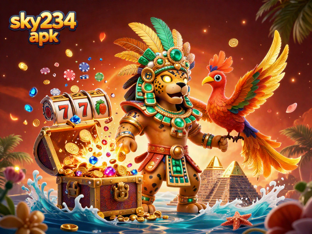 Experience winning with sky234 apk in this vibrant casino-themed 3D illustration.