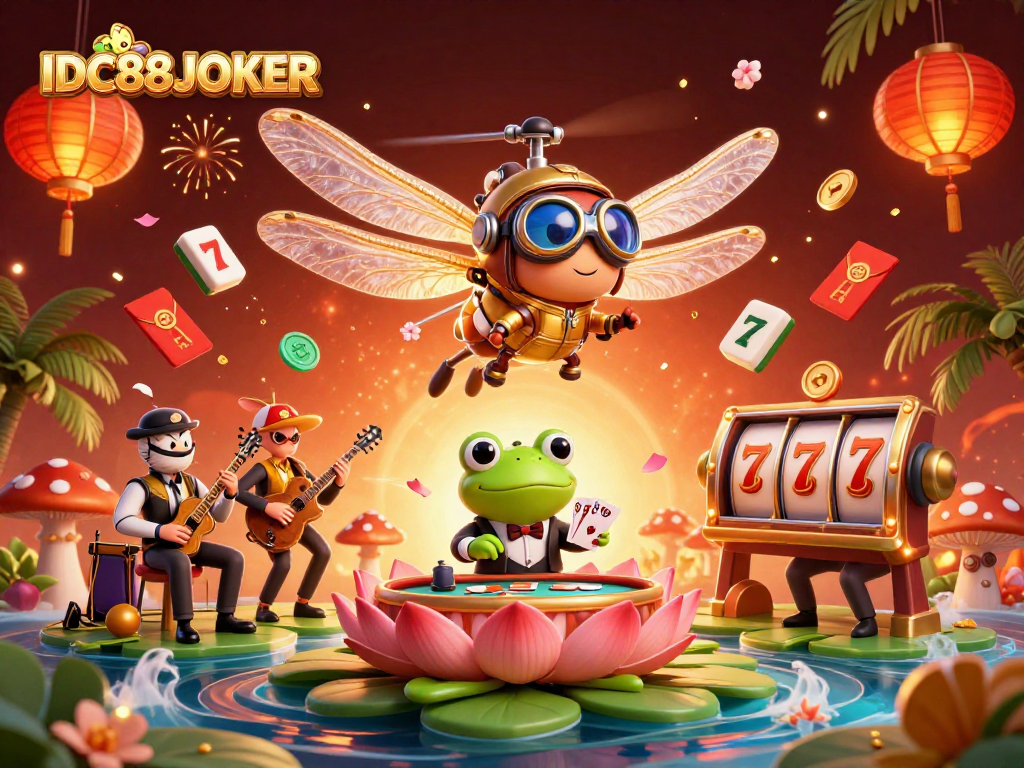Experience gaming excitement with IDC88JOKER at this lively lily pad casino scene.