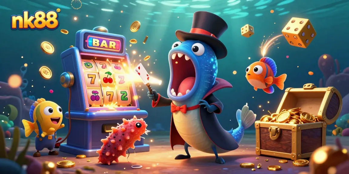 Experience nk88 gaming excitement with captivating deep-sea characters and vibrant casino elements.
