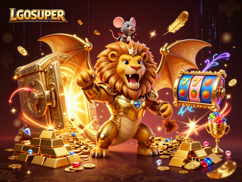 Engage in thrilling gameplay at LGOSUPER with vibrant slot reels and golden treasure elements.