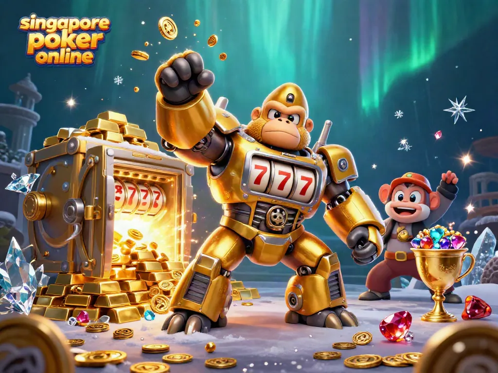 Experience thrilling singapore poker online with vibrant 3D gorilla mech and treasure in dynamic action.