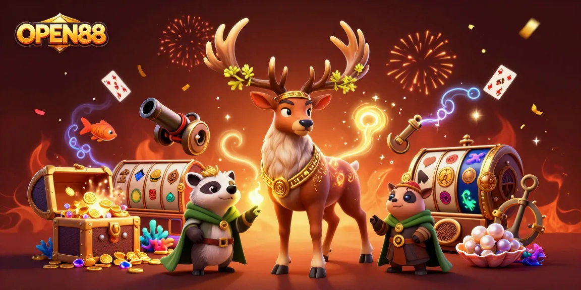 Join the adventure at OPEN88, featuring a stunning casino scene with vibrant characters and magical elements.
