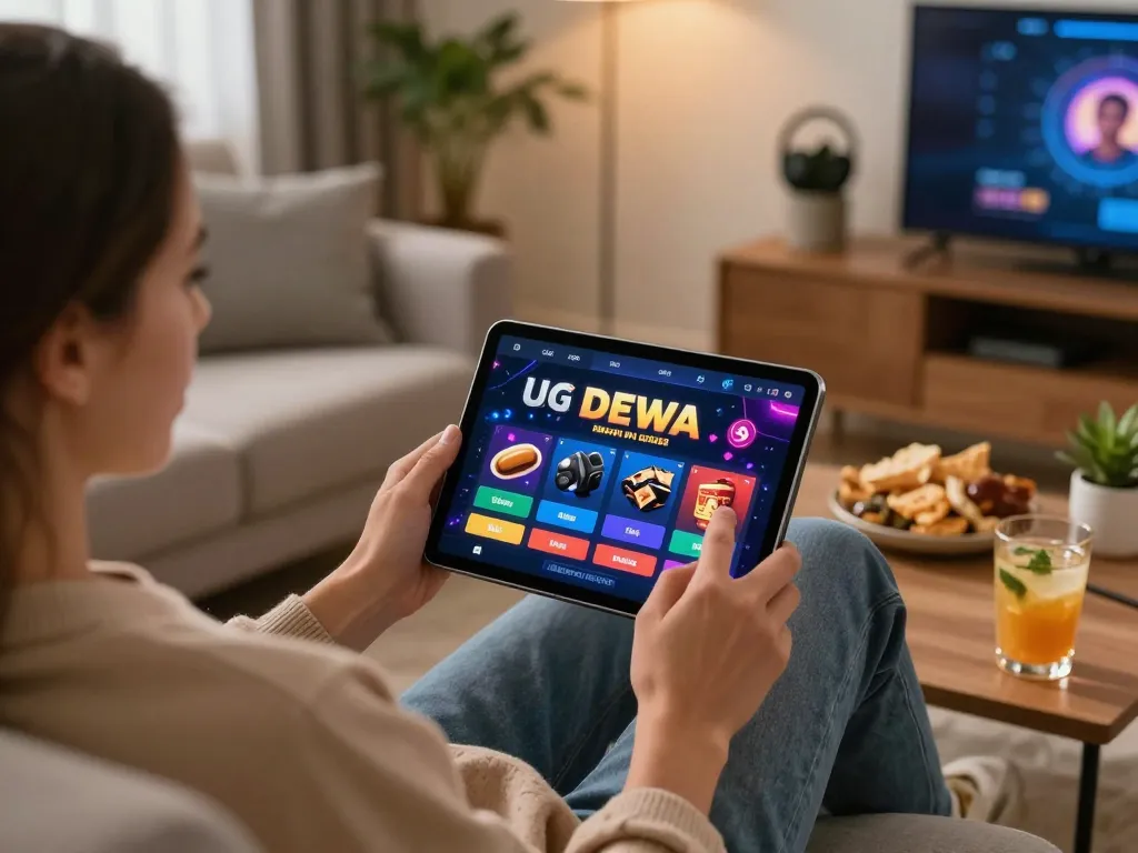 Engaging gameplay experience with UG DEWA app on a tablet in a cozy setting, showcasing responsible online gambling.