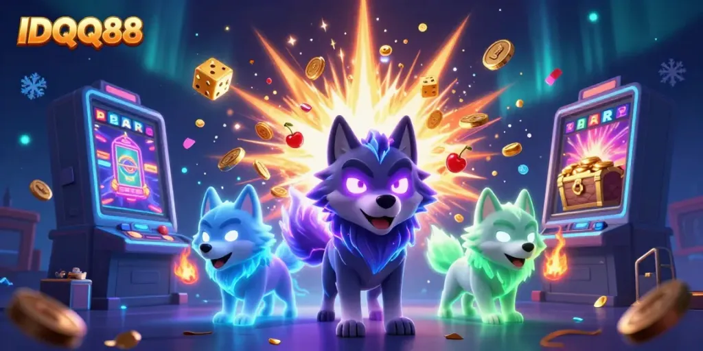 Experience IDQQ88's vibrant slot machine scene with ghostly wolves and winning symbols.