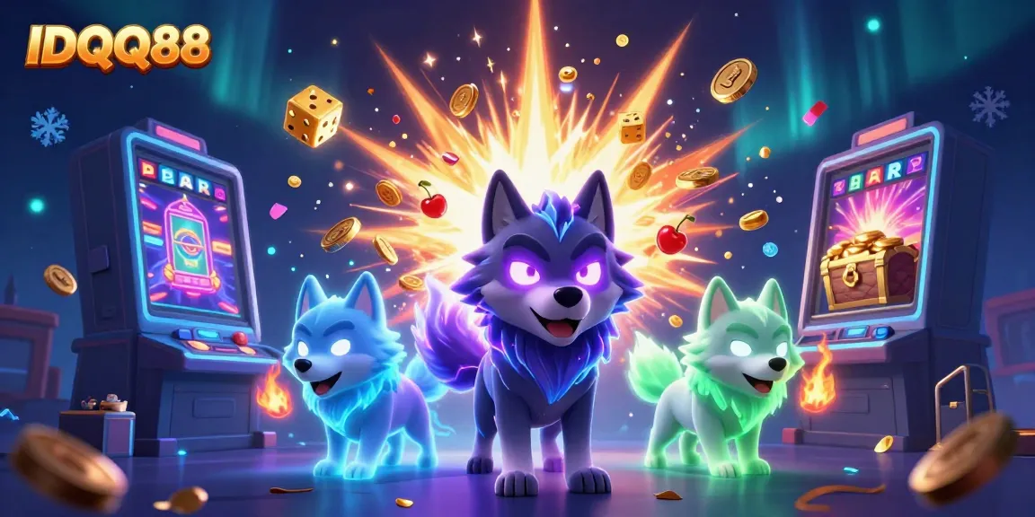 Experience IDQQ88's vibrant slot machine scene with ghostly wolves and winning symbols.