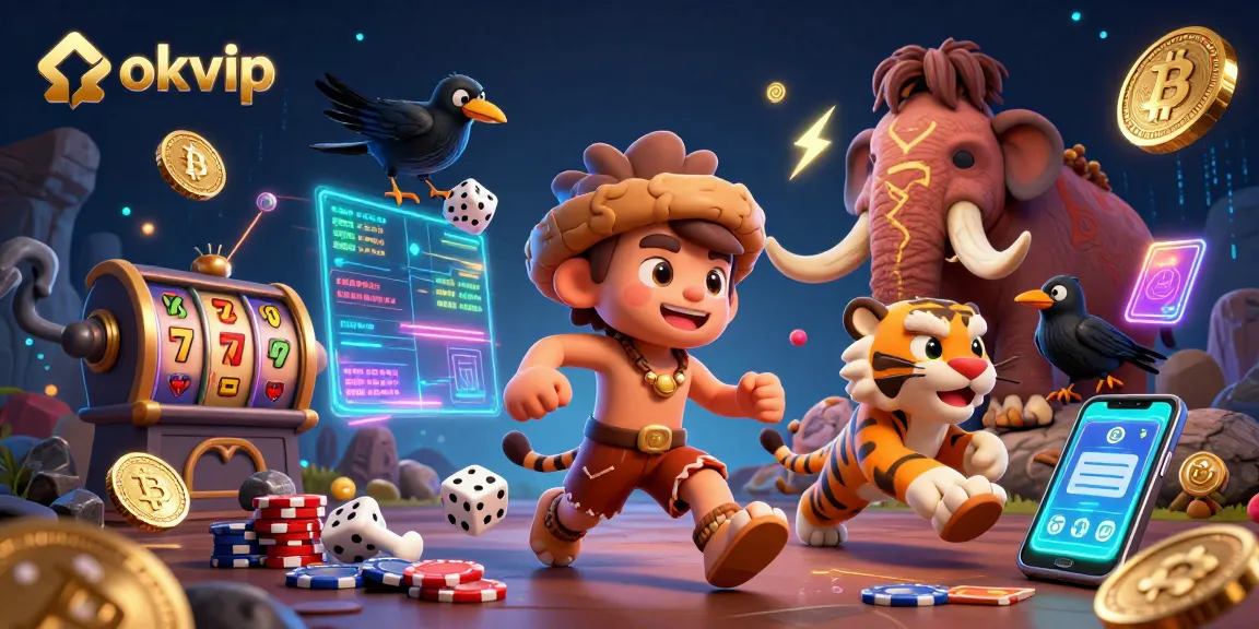 okvip interactive casino scene featuring a caveman duo and sabertooth tiger playing games with engaging neon effects