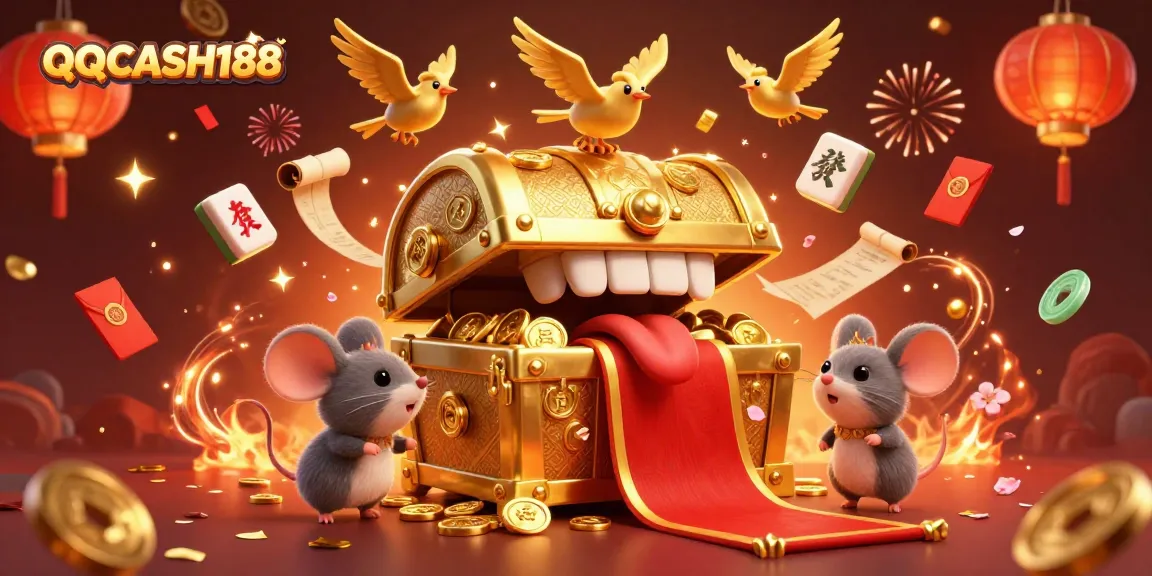 Engage with QQCASH188 in this vibrant 3D casino celebration showcasing golden treasures