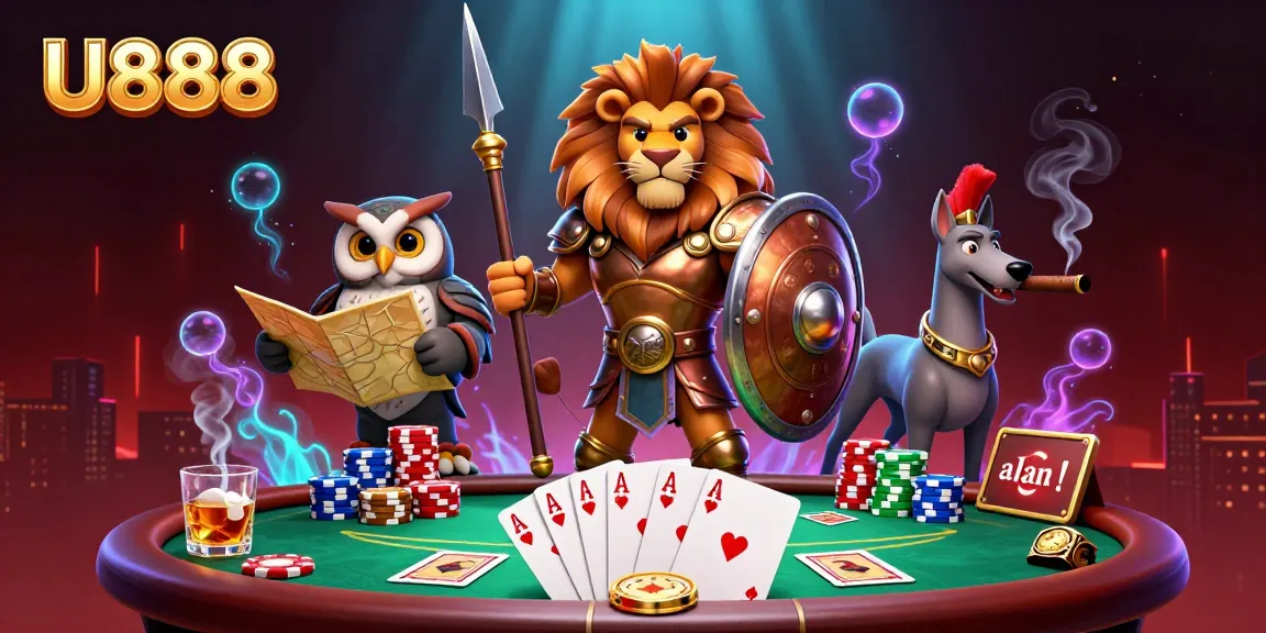 Engage in exciting games at U888, showcasing a Spartan lion and owl amidst vibrant gambling elements.