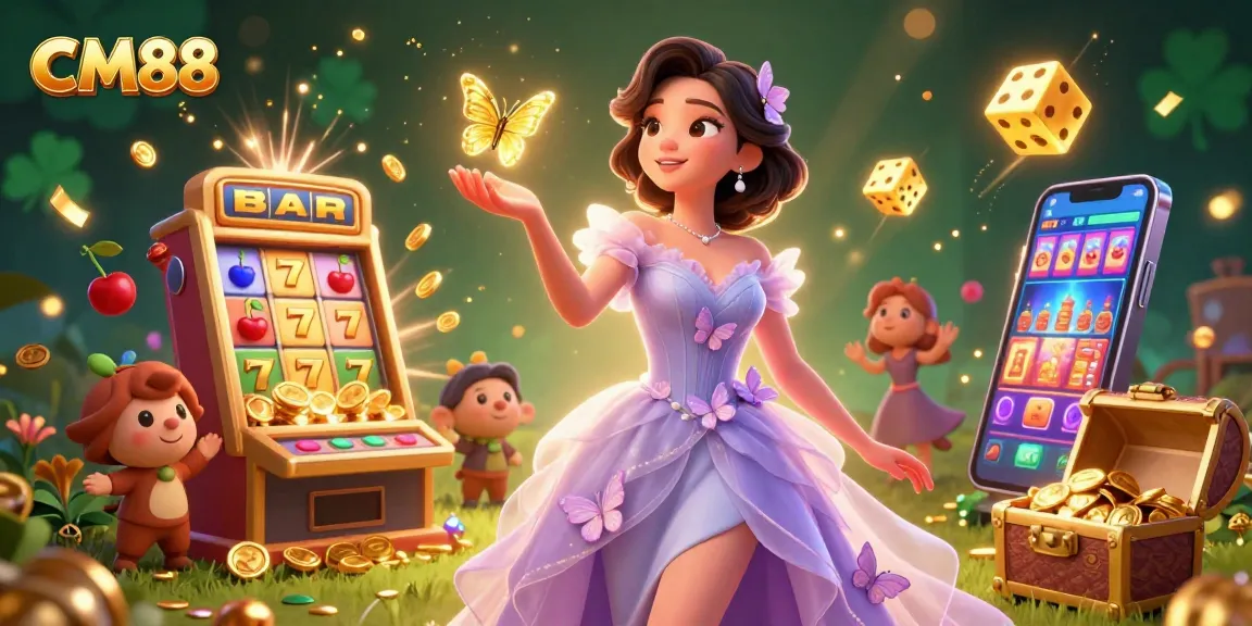 Experience thrilling gameplay at CM88 with vibrant visuals of jackpots, golden butterflies, and dynamic casino elements.