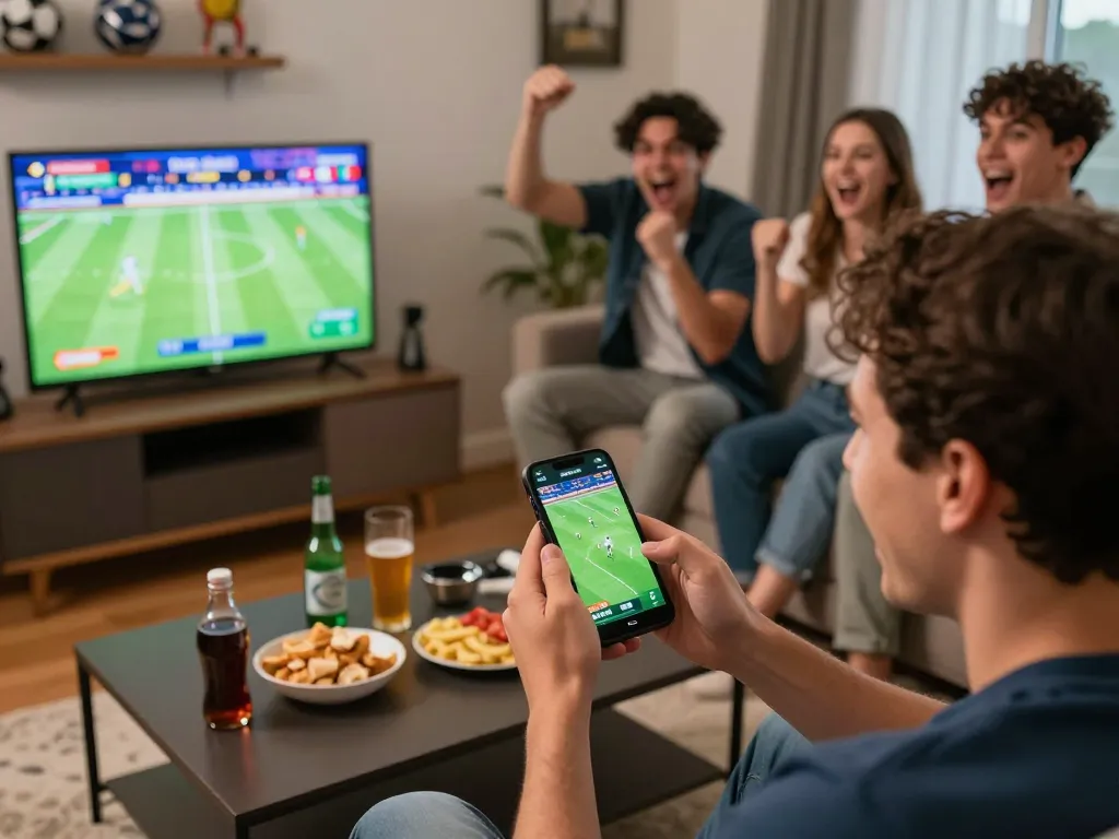 Action-packed sports betting scene with nhandinhkeonhacai, showing a person placing live bets on a smartphone while friends cheer.