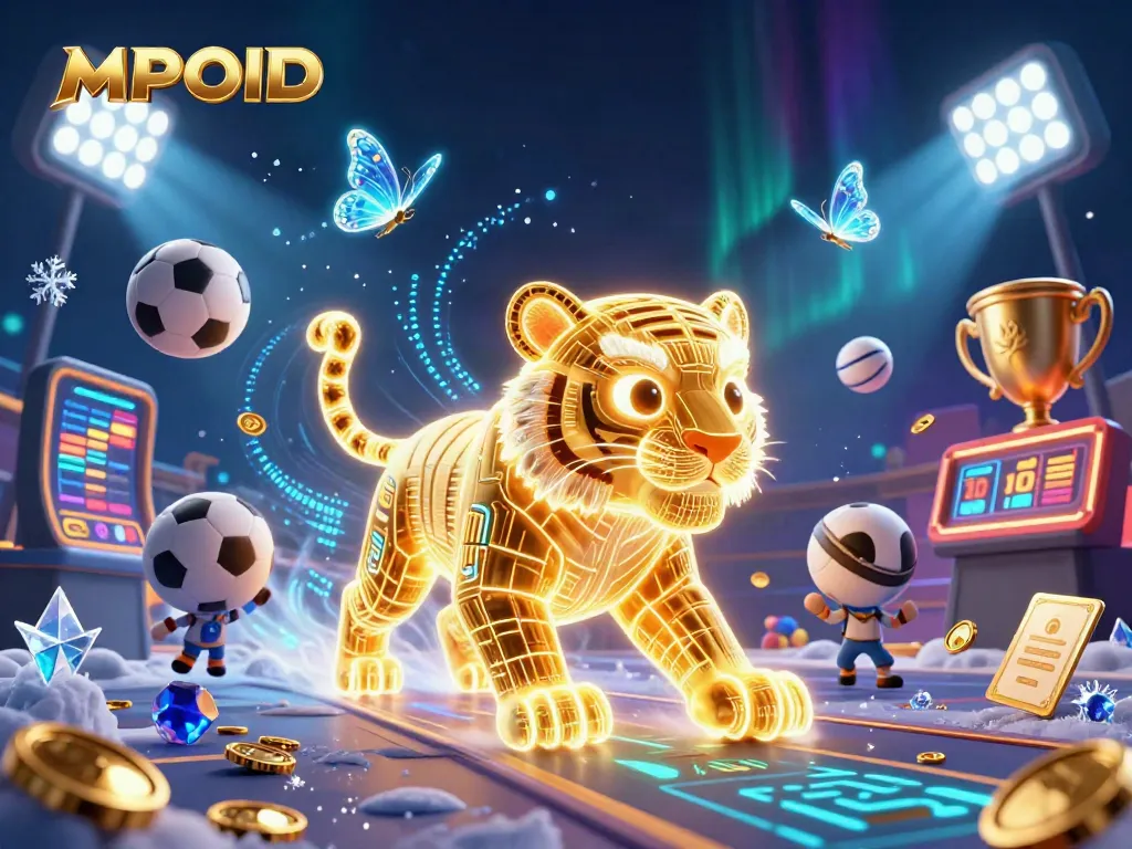 MPOID casino scene showcasing a glowing tiger and sports elements amidst vibrant neon lights.