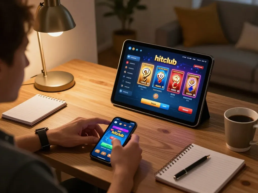 Engaging with hitclub's online games on a tablet, showcasing vibrant gaming action and strategic focus in a cozy home setting.