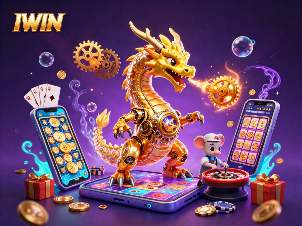 Experience IWIN with vibrant slot games, a golden dragon, and exciting casino elements.