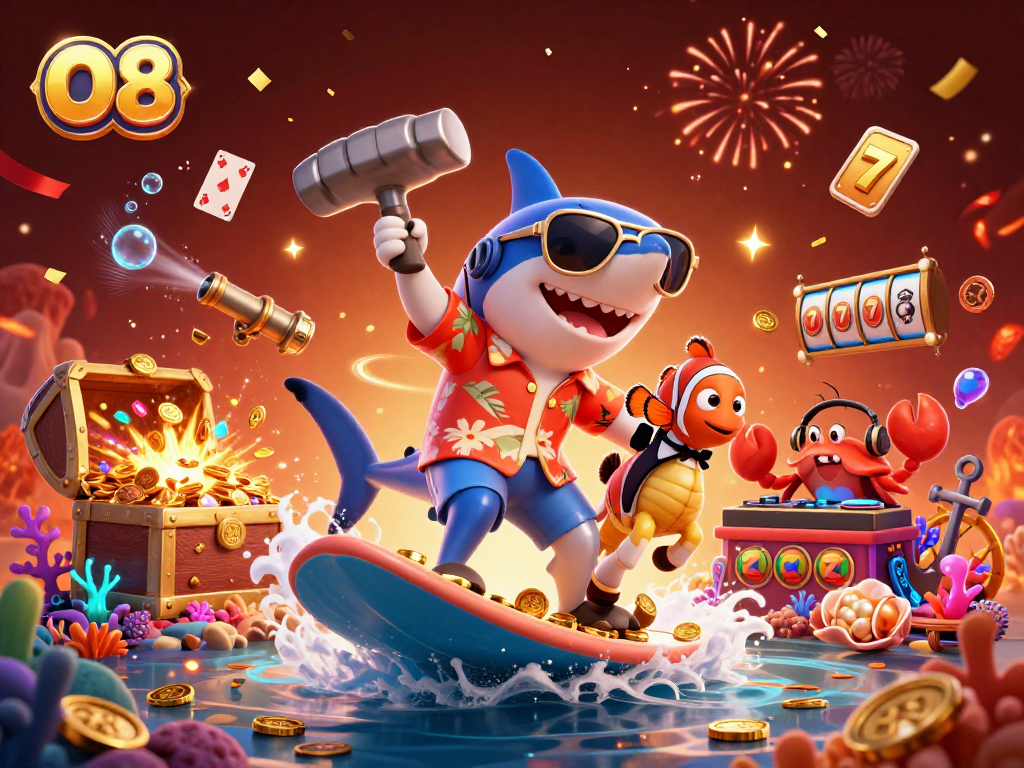 Experience thrilling winnings with O8's animated underwater casino adventure featuring colorful characters and slot elements.