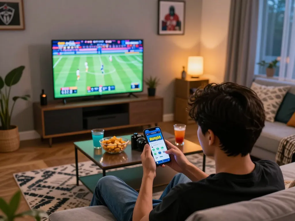 Person actively engaging with the bong99 sports betting app while enjoying a live game at home.