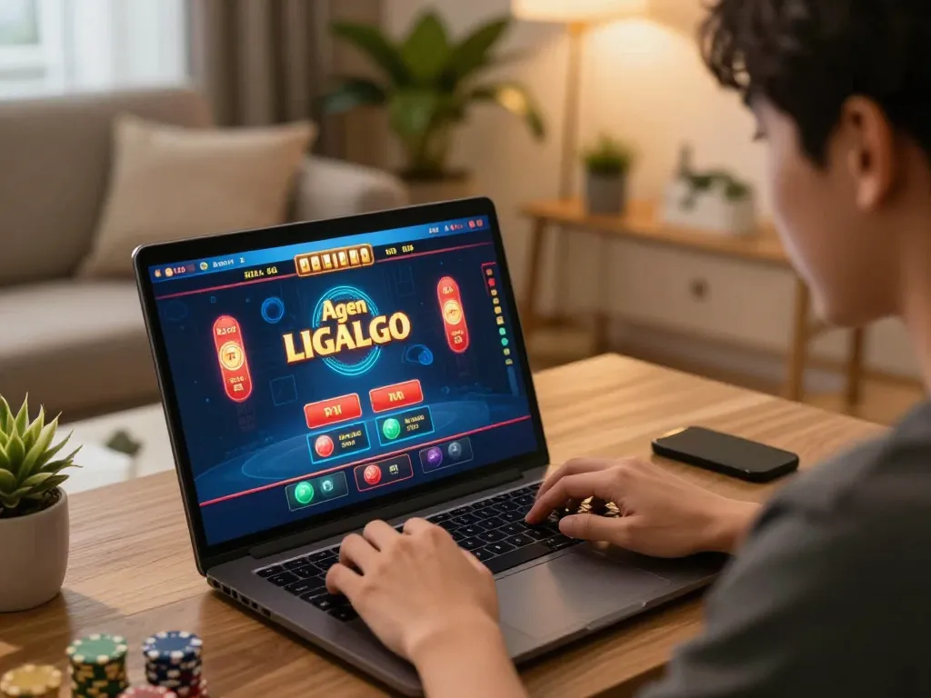 Agen LIGALGO showcases a player engaged in an exciting online casino game from home, highlighting interactive gaming experience.