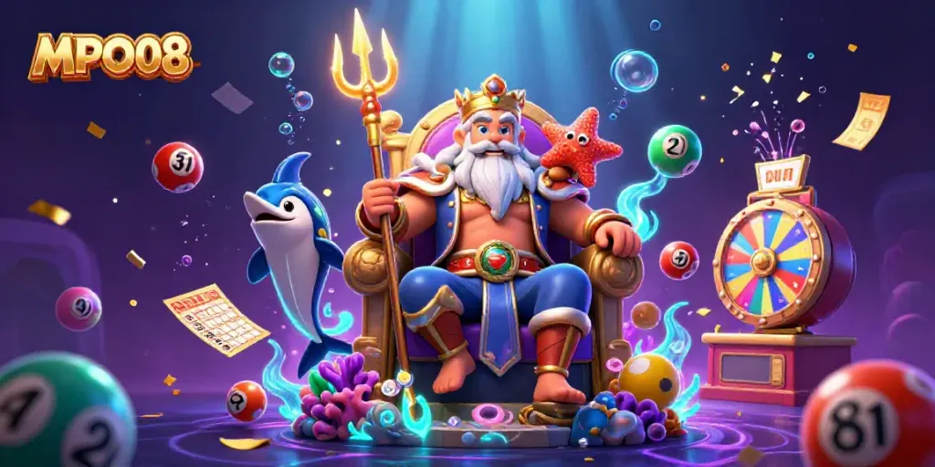 MPO08's vibrant casino scene showcases Neptune, a swordfish samurai, and glittering lottery elements.