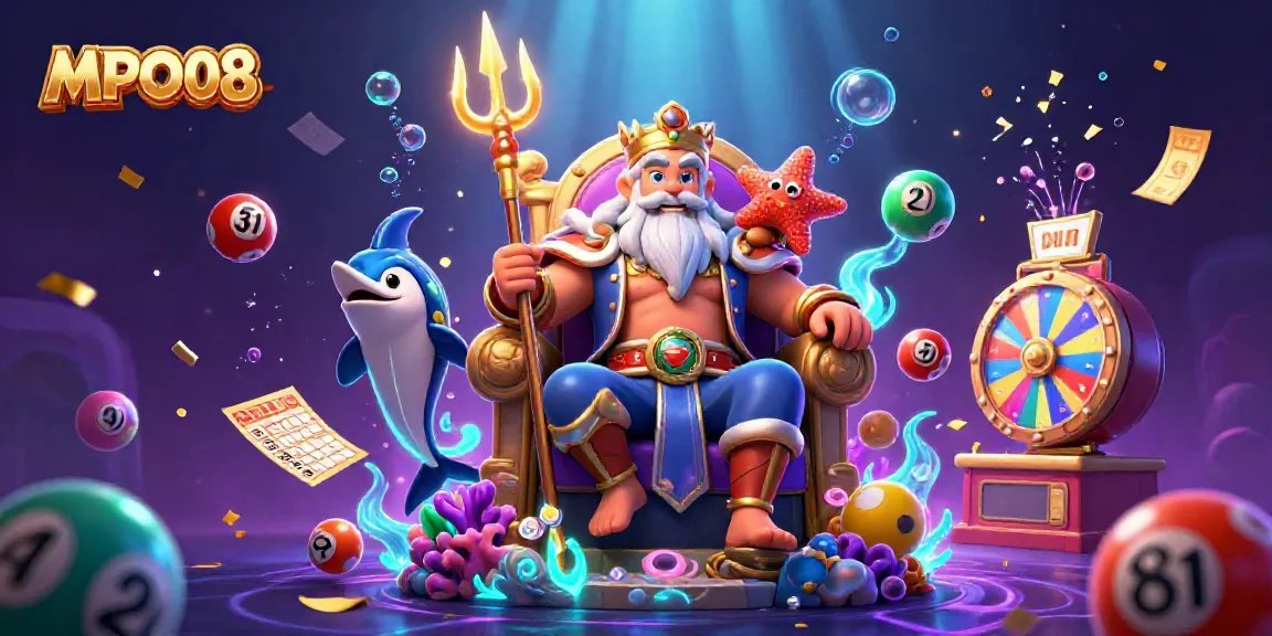 MPO08's vibrant casino scene showcases Neptune, a swordfish samurai, and glittering lottery elements.