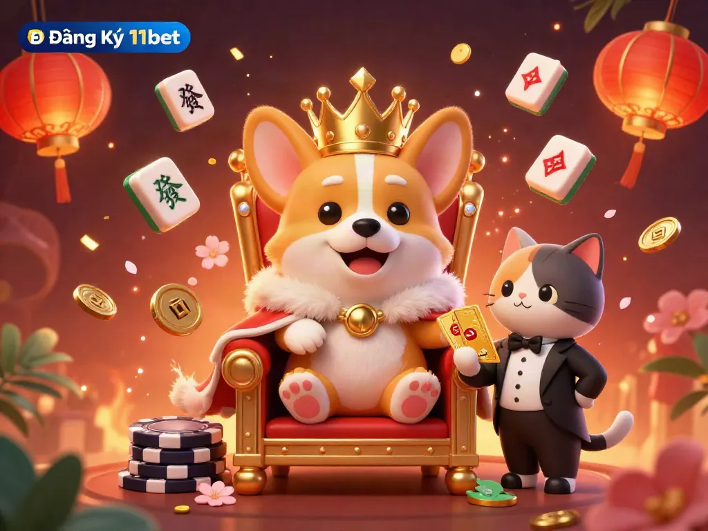 Engage in thrilling gameplay with Đăng Ký 11bet, featuring a royal corgi and dynamic casino elements.