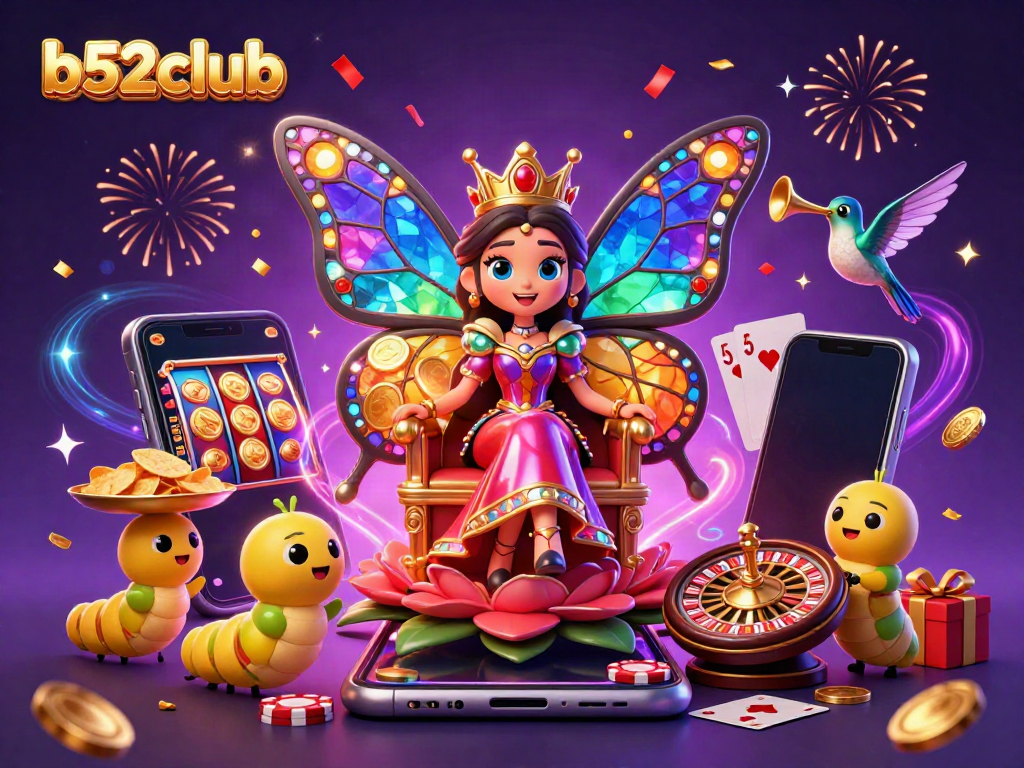 Engage with b52club's vibrant casino scene featuring colorful slot games, poker chips, and festive atmosphere.