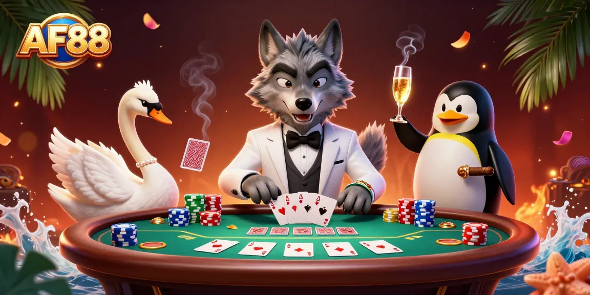 Experience excitement at AF88 with a vibrant scene of a debonair wolf, elegant swan, and penguin sommelier in a lively casino atmosphere.