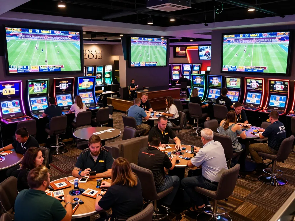 Agen judi bola enthusiasts placing live bets in a modern casino sports lounge.