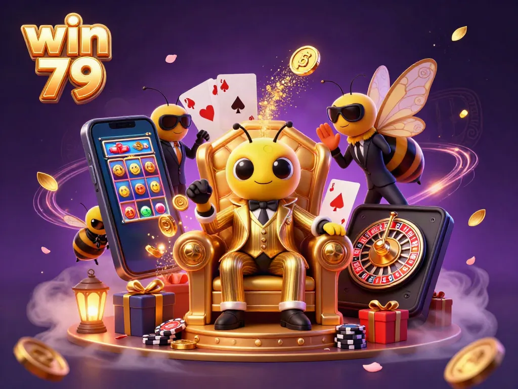 Win 79 offers thrilling gaming with a 3D bumblebee mob boss amidst bright casino elements.