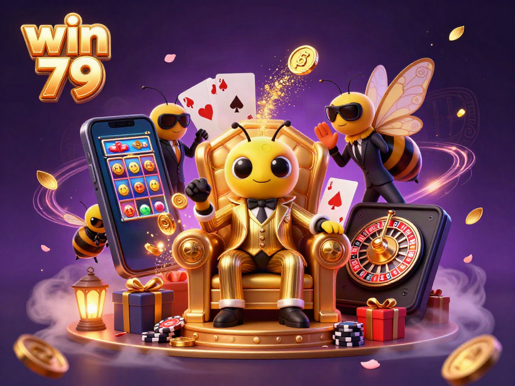 Win 79 offers thrilling gaming with a 3D bumblebee mob boss amidst bright casino elements.