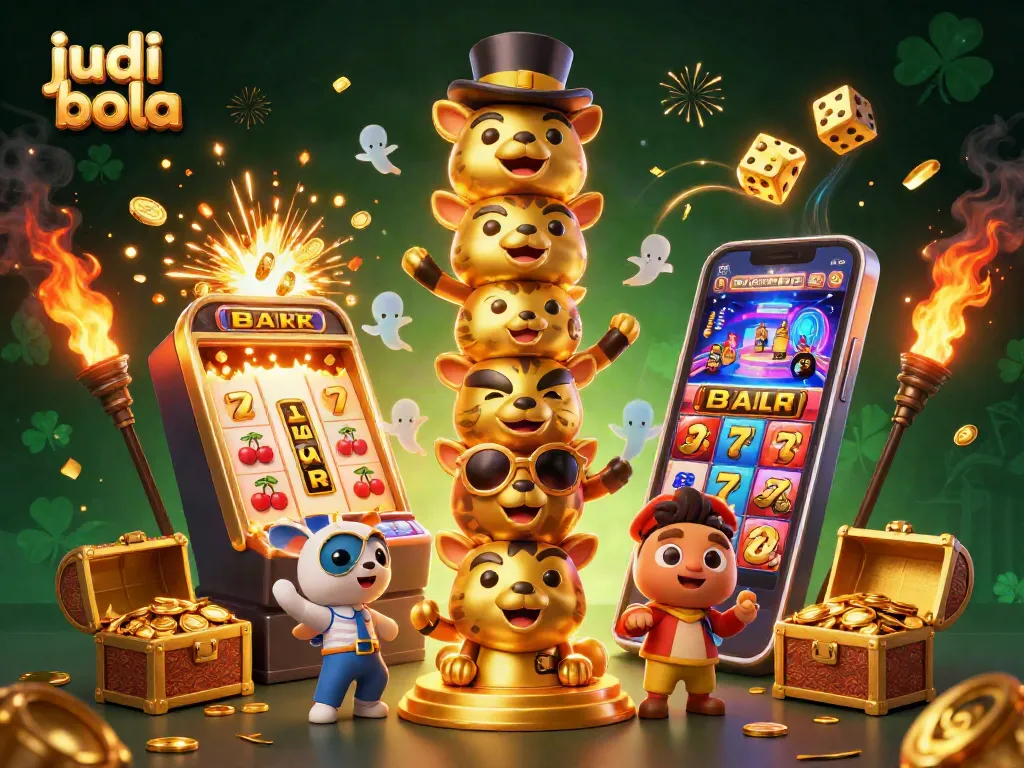 Engage in judi bola excitement with a dynamic sports betting scene featuring a golden totem and slot machine.