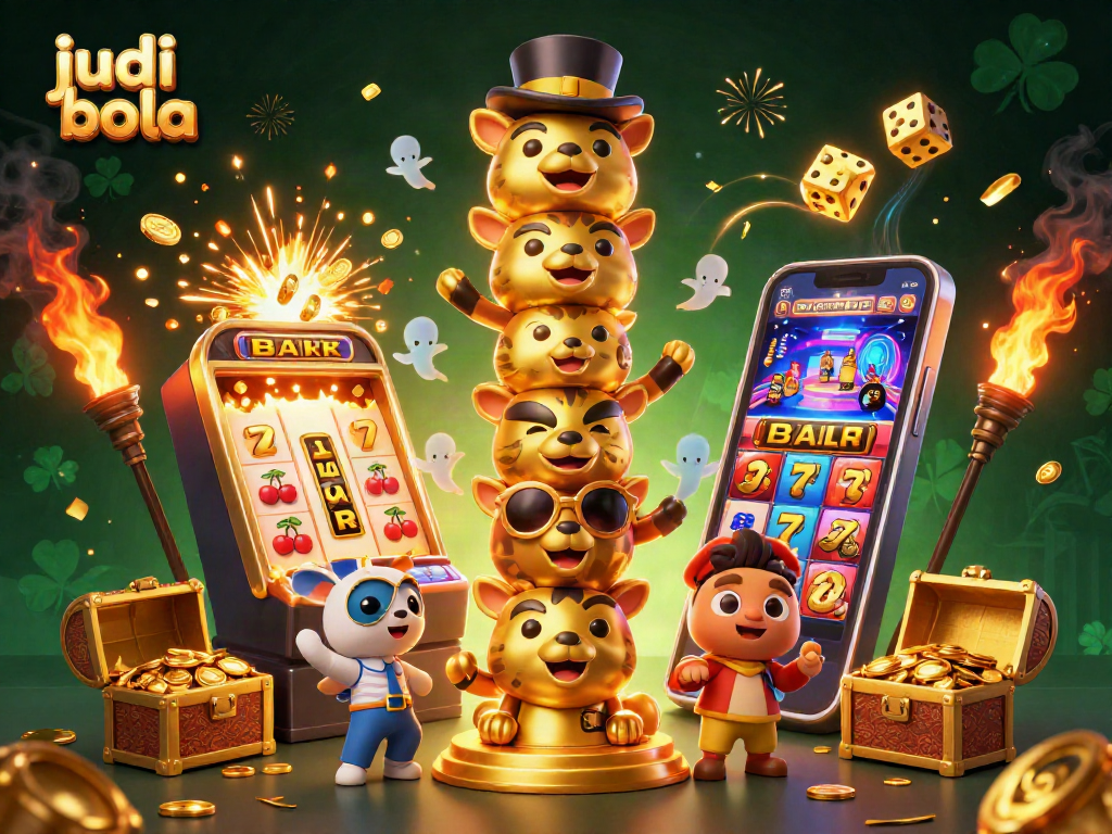 Engage in judi bola excitement with a dynamic sports betting scene featuring a golden totem and slot machine.