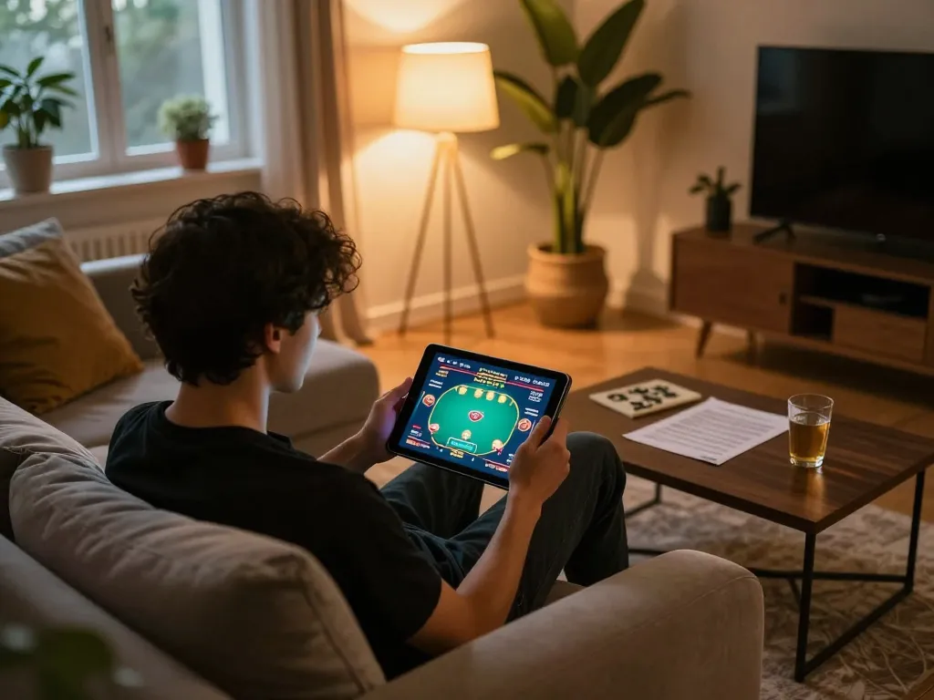 Player enjoying online poker on tablet at home, embodying the spirit of nhacaiuytinn in a cozy environment