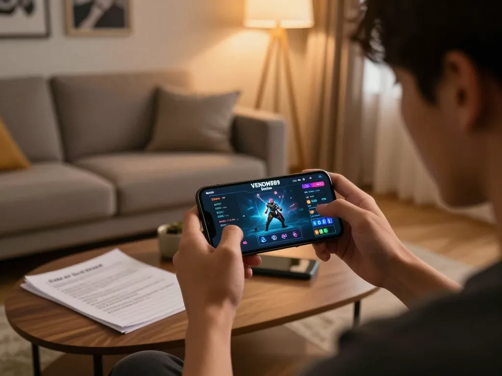 Engaging player enjoying the strategic elements of VENOM889 Datfar game on mobile device in a comfortable home setting.