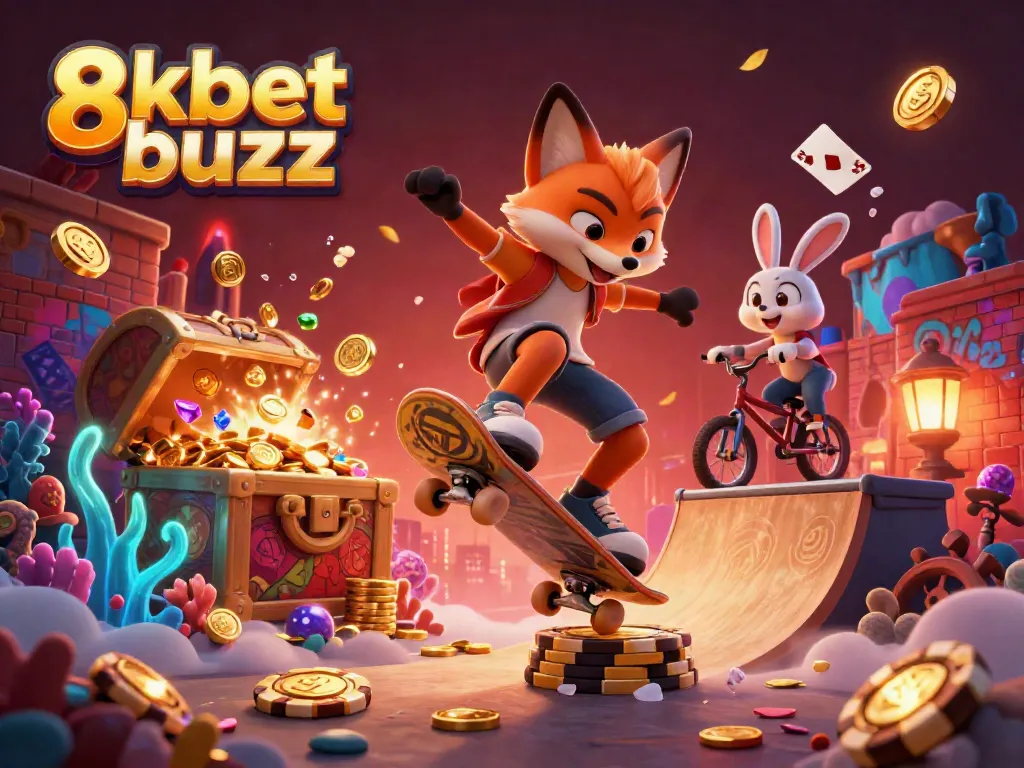 Experience the vibrant energy of 8kbet buzz with an exhilarating scene featuring a 3D cartoon skateboarder fox and BMX-riding rabbit amidst casino-themed elements.