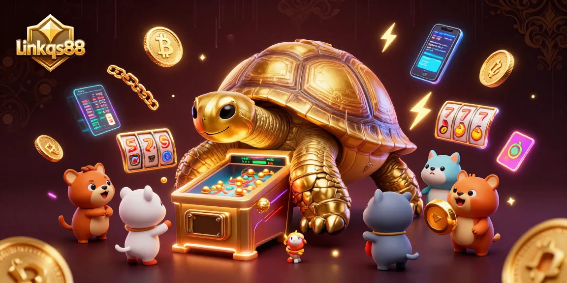 Engage in gaming excitement at link qs88 with a vibrant 3D casino illustration featuring a golden tortoise pinball machine.
