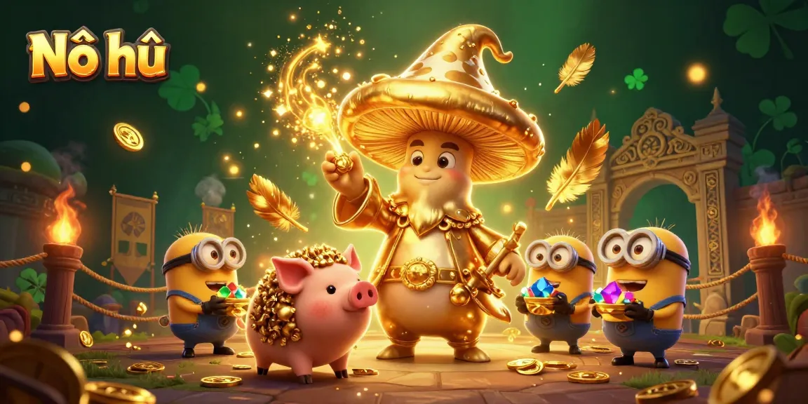 Nổ hũ reveals treasures with a golden wizard, truffle pig, and gemstone minions in an enchanting casino scene.