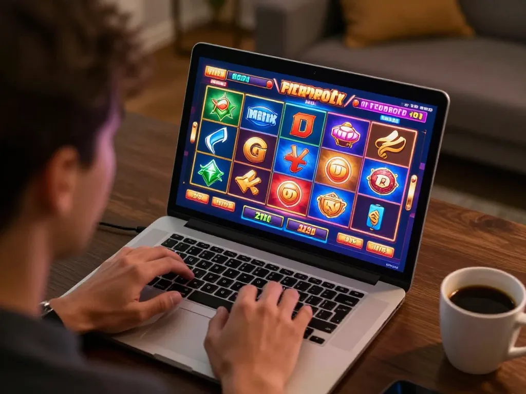Player exploring Slot Luar games on a laptop in a cozy home setting.