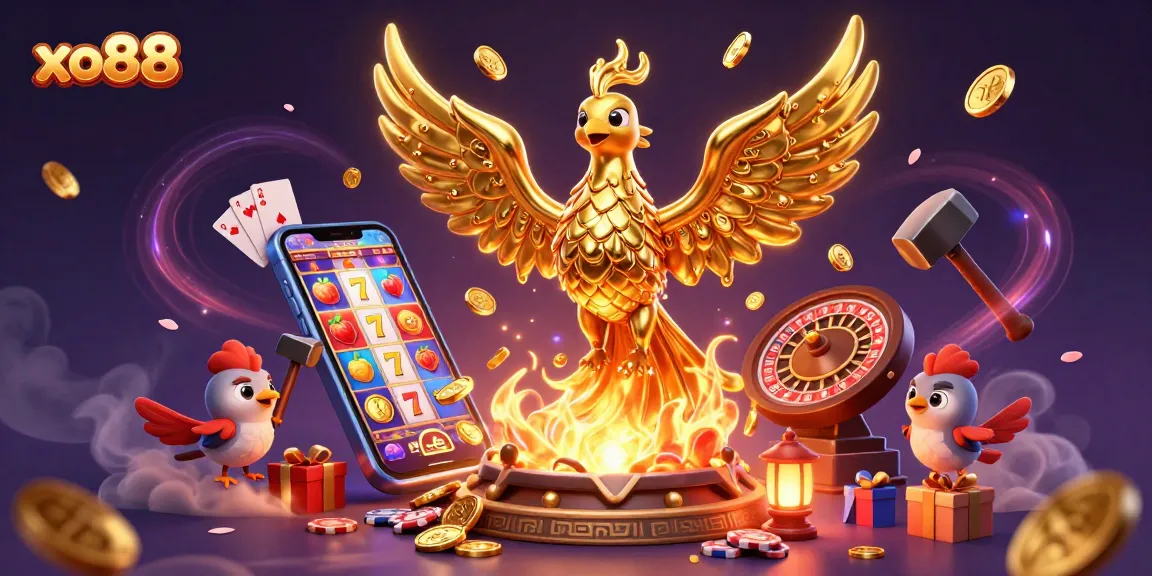 Experience vibrant gaming action at xo88 with a golden phoenix, slot symbols, and dynamic casino elements.