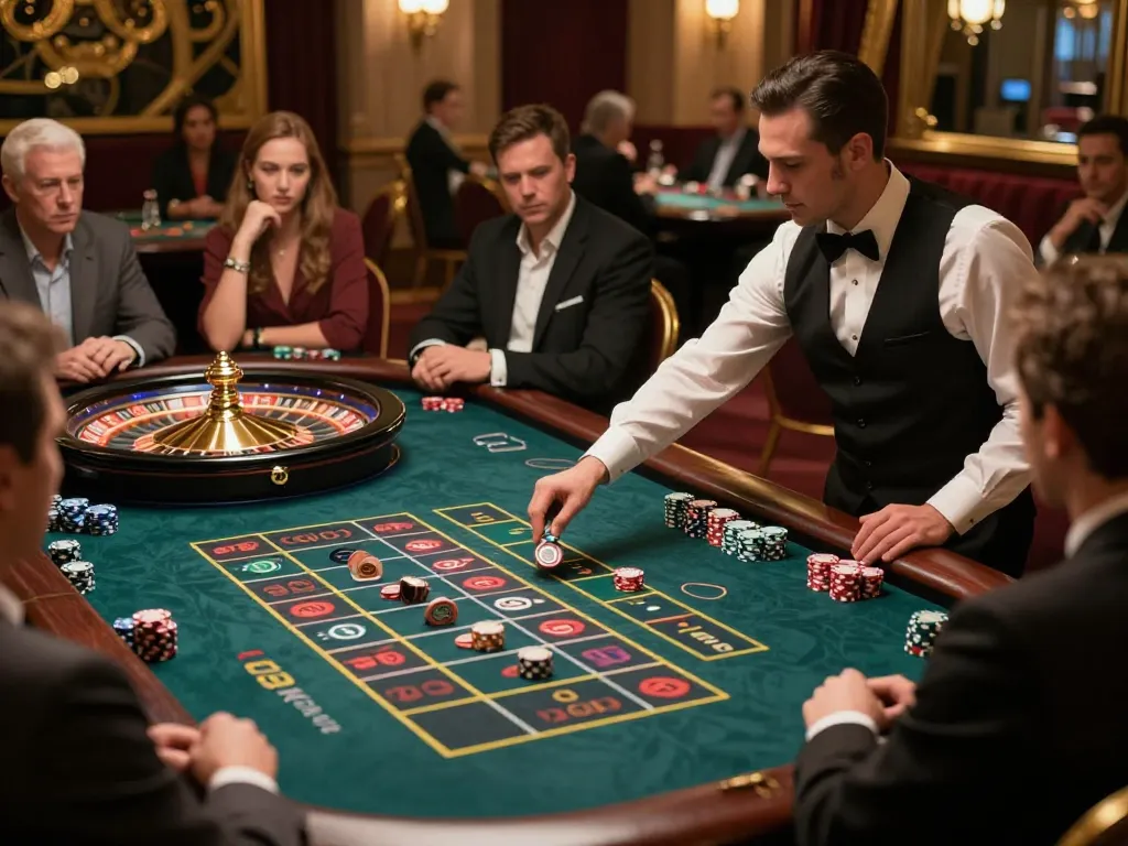 Engaging moment at the roulette table with players focused on badak178 betting strategies, chips and vibrant wheel in action.
