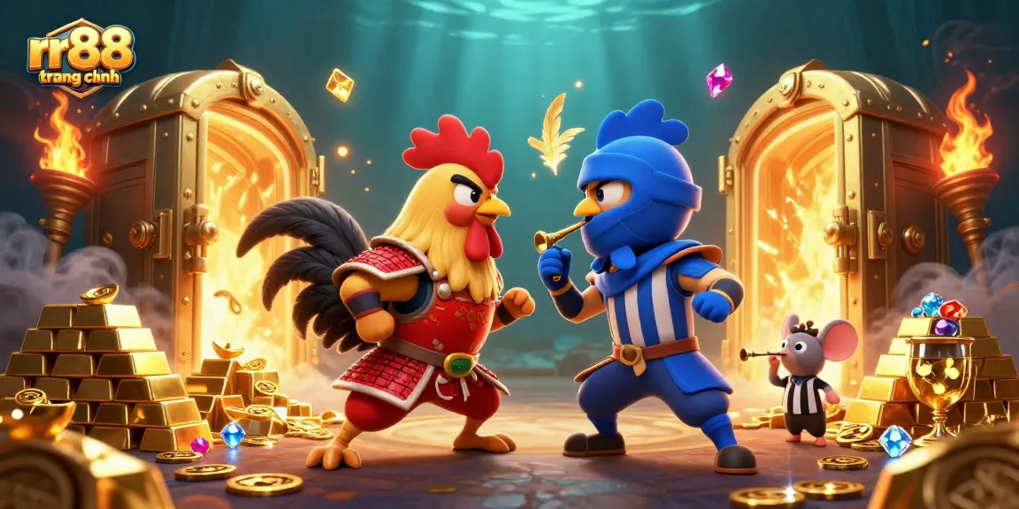 Engage in thrilling action on rr88 trang chính with dynamic roosters facing off over treasure.