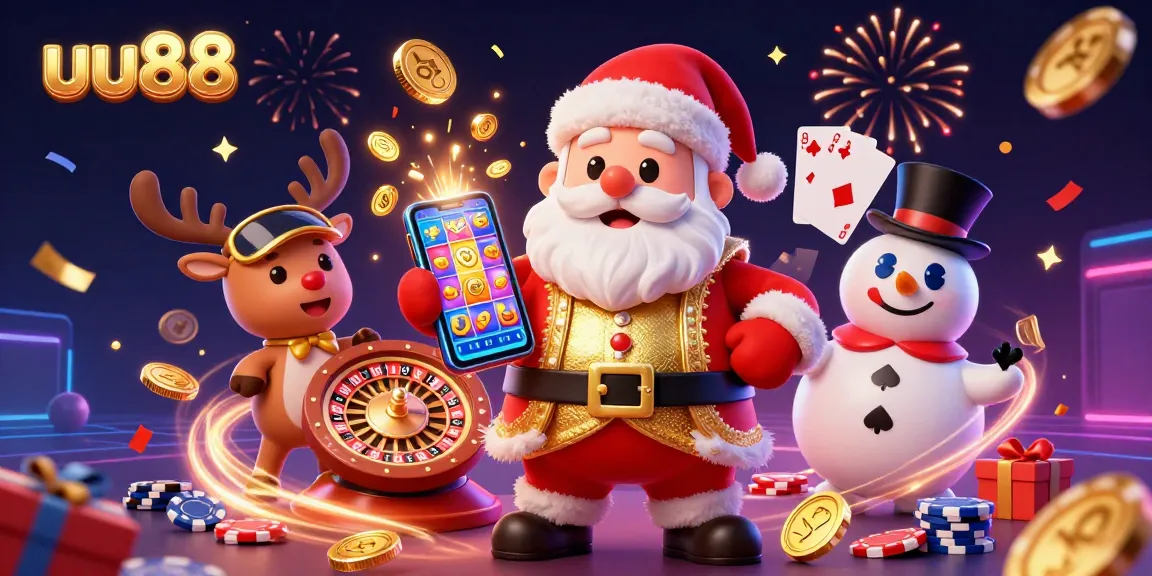 Experience the excitement of uu88 with Santa and friends showcasing casino games and jackpots in a vibrant illustration.