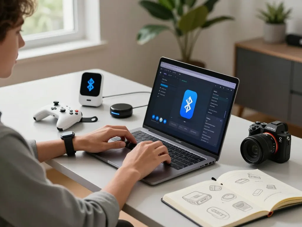 Exploring trending tech gadgets in a modern workspace filled with Bluetooth devices, fostering creativity and innovation.